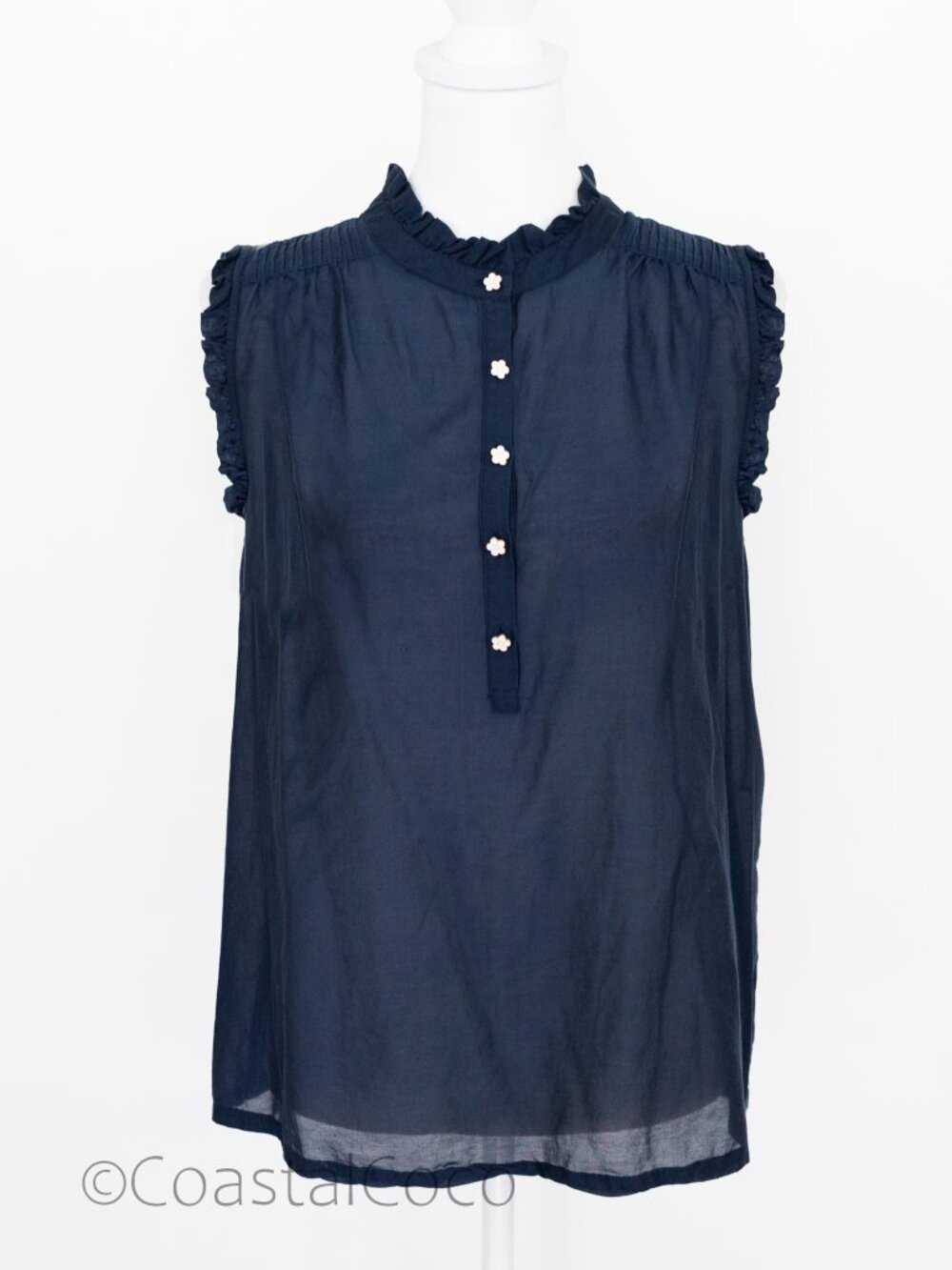 Biltmore Sleeveless Silk Cotton XL Blouse Navy Ruffle-Trim Casual Summer Coastal